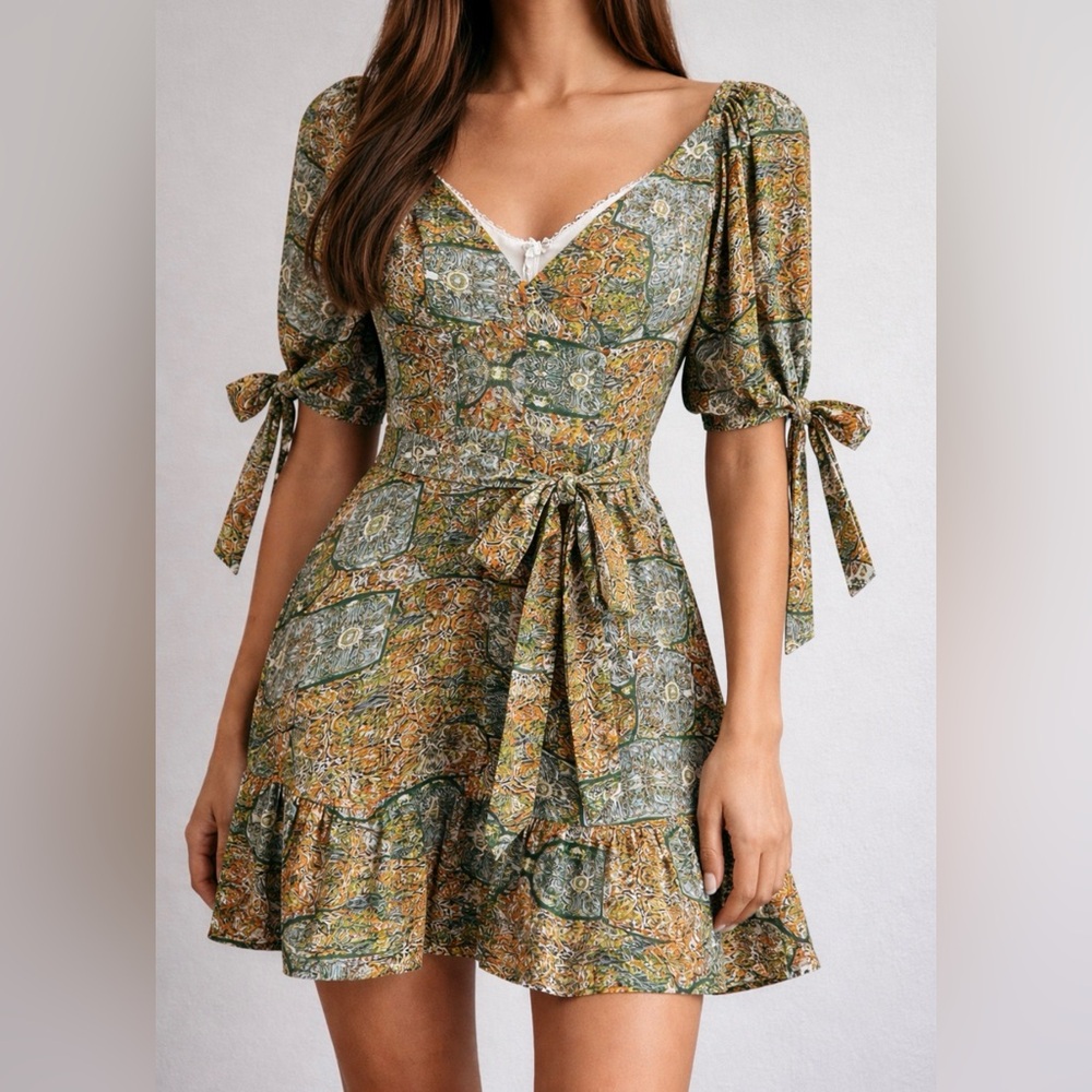Luxxel Green & Orange Boho Floral Mini Dress Size S - Picture 1 of 3